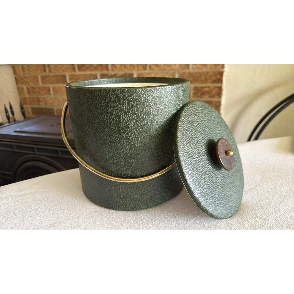 Vintage MCM Retro Ice Bucket Olive Green Faux Leather Gold Tone Barware 7.5in